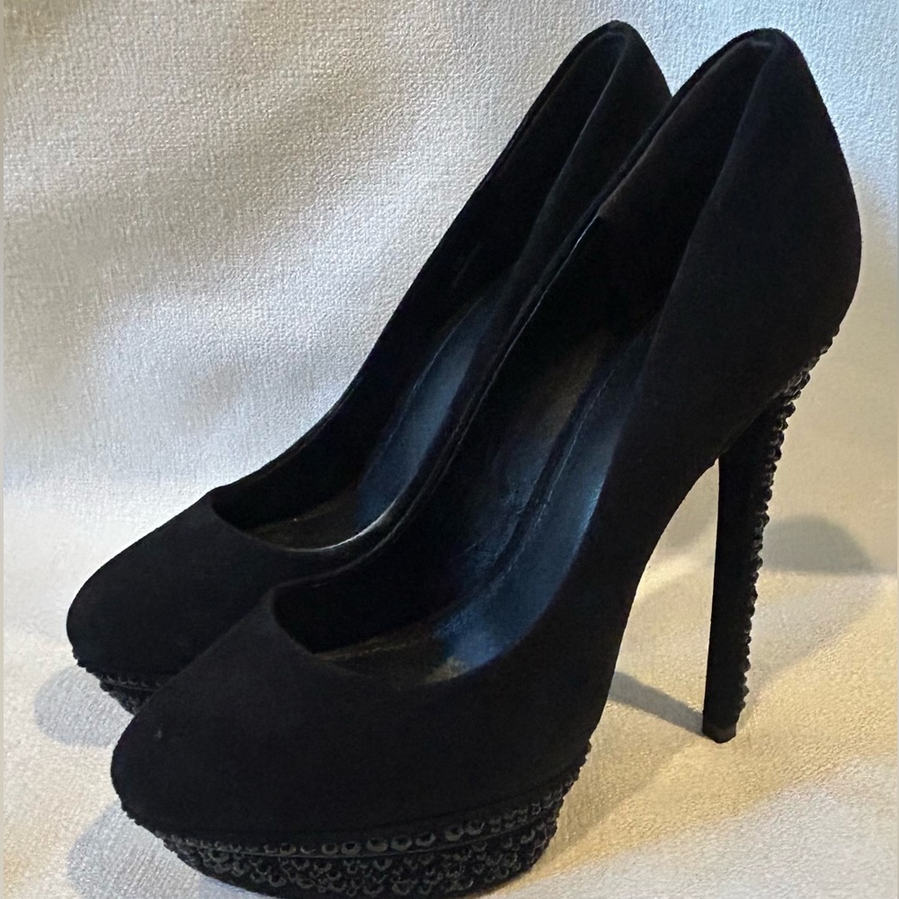 B. Brian Atwood Francoise Studded Crystal Platform Pumps Black Suede Heels Shoes